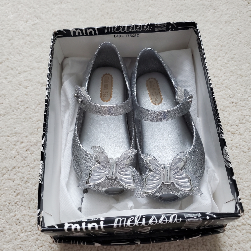 Mini Melissa Ultra Fly Butterfly Shoes in Silver Glitter sz7